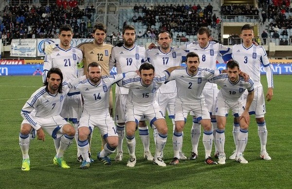 Greece pose prior to their friendly football match