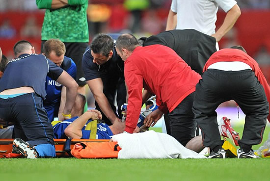 It's meant to be a friendly game! Gordon Ramsay is stretchered off after blistering tackle from Teddy Sheringham at Soccer Aid