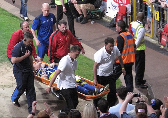 It's meant to be a friendly game! Gordon Ramsay is stretchered off after blistering tackle from Teddy Sheringham at Soccer Aid