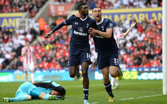 Stoke City 1-2 Tottenham: Adebayor late show keeps Spurs in Champions League hunt