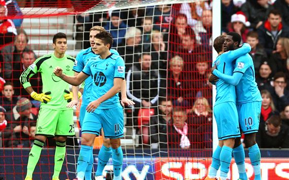 Southampton 2-3 Tottenham: Adebayor double hands Sherwood first win