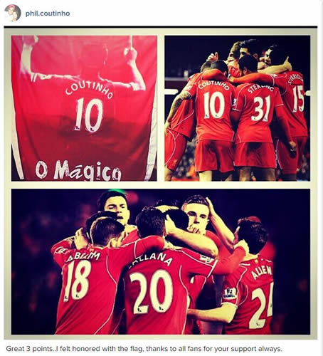 Philippe Coutinho thanks the Liverpool fans for his new banner