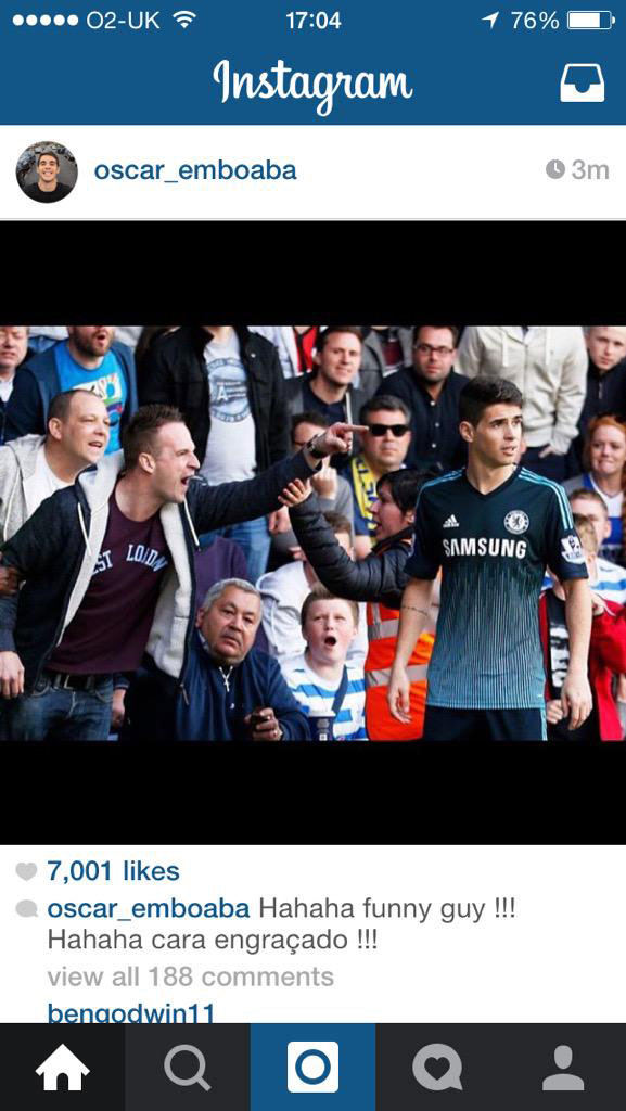 Oscar deletes Instagram post about abusive QPR fan after Chelsea win