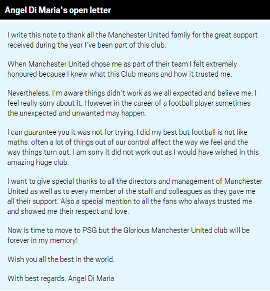 Angel Di Maria apologises to Manchester United fans after sealing £44.1m Paris Saint-Germain transfer