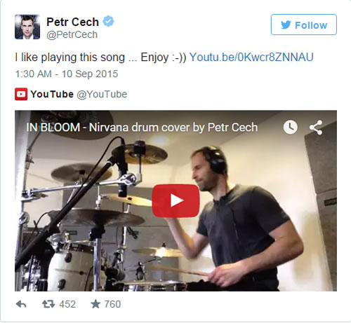 Watch Arsenal star Petr Cech impressively drum Nirvana hit