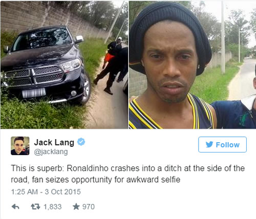 Ronaldinho poses for an awkwardly brilliant selfie just moments after rolling his car into a ditch