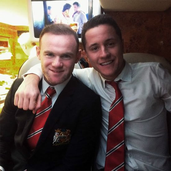 Ander Herrera all smiles with Wayne Rooney after Man Utd beat Liverpool