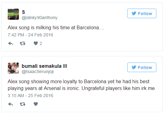 Alex Song celebrates with Barca stars after Arsenal victory