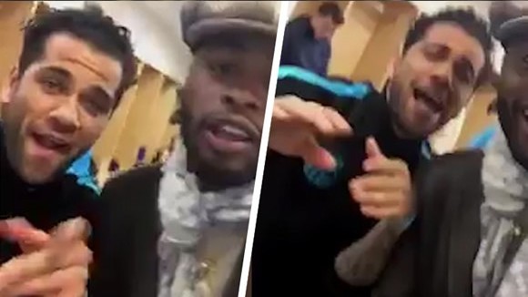 Alex Song celebrates with Barca stars after Arsenal victory