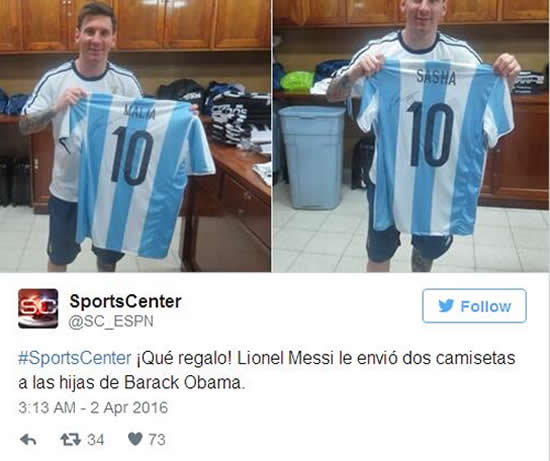 Barcelona’s Lionel Messi send’s Barack Obama daughter’s football shirts