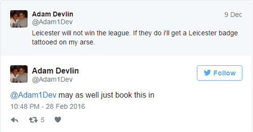 Man seriously regretting tattoo promise now Leicester have won the league