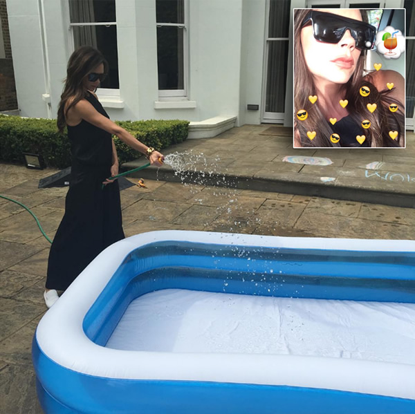Victoria Beckham earns 'major mummy points' by filling a paddling pool for her kids as Britain basks in weekend heatwave