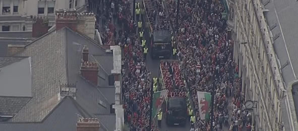 HOME SWEET HOME Welsh soccer heroes touchdown to massive welcome on return to Cardiff