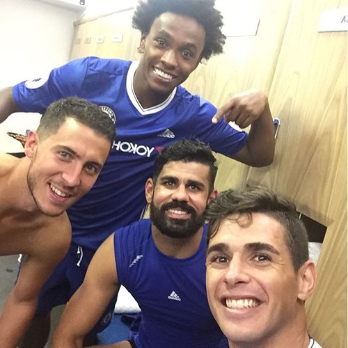 Hazard and Costa celebrate Chelsea win in dressing room