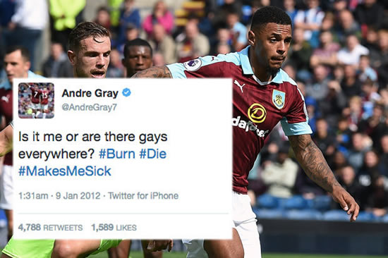 Burnley star Andre Gray slammed for tweet calling on gay people to 'burn' and 'die'