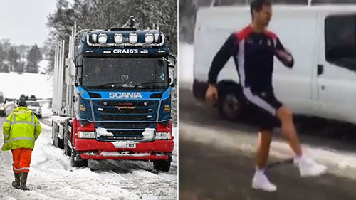 WATCH: Falkirk captain defies Storm Doris by training on snow-covered motorway
