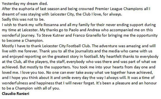 Claudio Ranieri issues emotional farewell statement after Leicester sacking