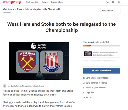 Fans start petition for both West Ham and Stoke to be relegated after sitting through first half