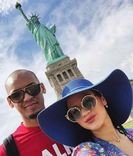Liverpool new boy Fabinho enjoys huge pizza and trip to the Statue of Liberty as Reds midfielder visits New York City with wife Rebeca Tavares