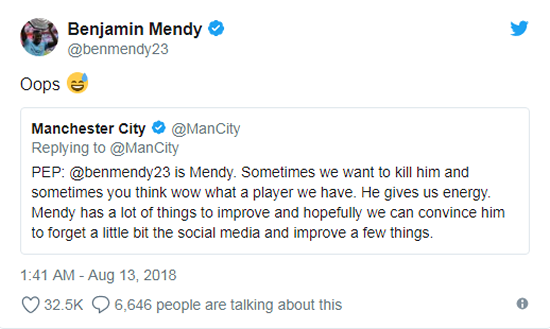 Arsenal vs Manchester City: Benjamin Mendy responds on Twitter after Pep Guardiola tells him to 'forget social media'