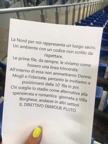 Lazio fans' flyer calls for women to avoid Stadio Olimpico's Curva Nord