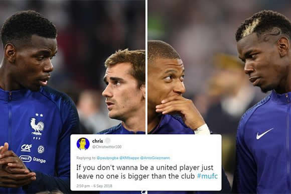 Paul Pogba blasted by Manchester United fans for 'disrespectful' tweet while on duty with France