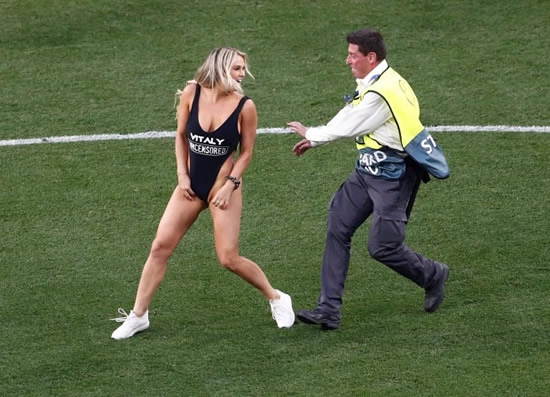 VIVA LA VITA Sexy female pitch invader at Champions League final promoting X-rated PORN site Vitaly Uncensored which vows ‘wild pranks, t*** and a**, no rules’