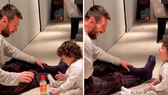Messi amuses son with bottle flipping
