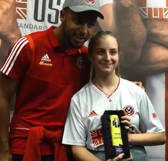 Young Sheff Utd fan in tears as she hands Mousset his MOTM award from Man Utd draw but he gives it to her as a present
