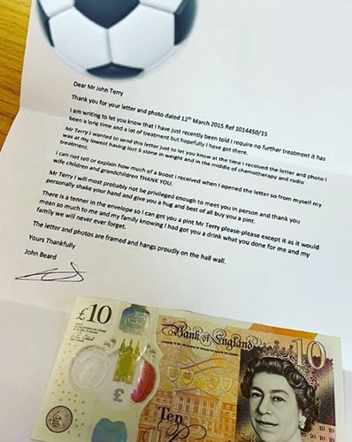 John Terry's heartwarming letter from fan thanking him for signed photos during cancer battle.. with £10 for pint inside