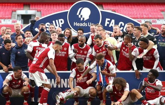Pierre-Emerick Aubameyang pokes fun at his FA Cup drop shock as he straps in Community Shield on Arsenal bus