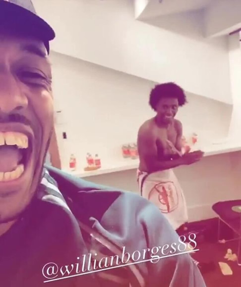 Watch topless Willian dance with Arsenal stars Aubameyang and Lacazette in Fulham changing room after shining on debut