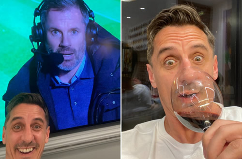 Gary Neville toasts Liverpool’s 7-2 drubbing at Aston Villa with a glass of wine… just hours after Man Utd lost 6-1