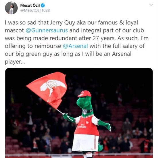 Arsenal star Mesut Ozil offers to pay wages of club mascot Gunnersaurus after redundancy