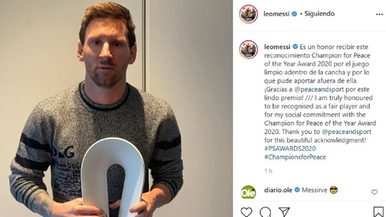 Lionel Messi named as 2020's Champion for Peace