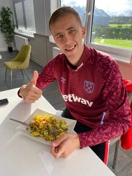 SOU CHEF Tomas Soucek given potato salad present by West Ham canteen staff after missing favourite Czech dish over Christmas