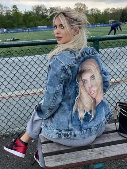 Mauro Icardi's wife Wanda wears denim jacket with picture of her own face on back as she cheers on kids in PSG training