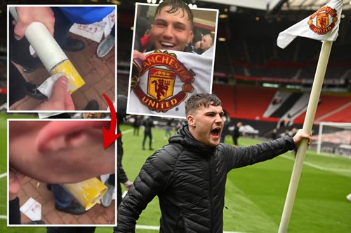 Manchester United protester snorts white powder off stolen club corner flag