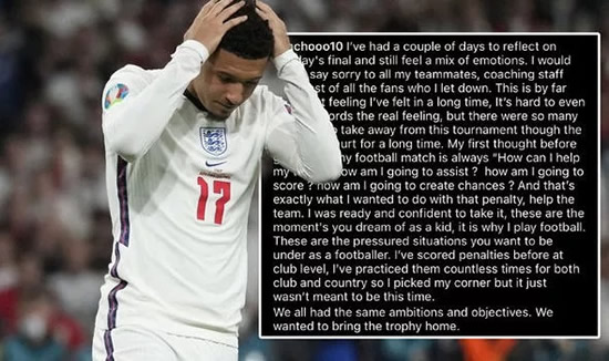 Jadon Sancho posts emotional statement on England penalty miss and addresses racist abuse