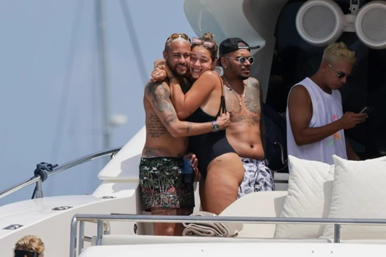 Neymar hugs ex Carol Dantas on boat in Ibiza as PSG star soaks up sun with pals and bikini-clad women after Copa America