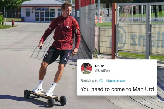 SKATE TO PREM Julian Nagelsmann rides SKATEBOARD into Bayern Munich training as fans demand he move to Premier League on social media