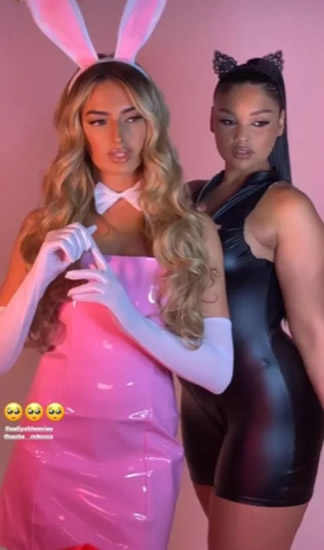 ATTAGIRL Man City ace Jack Grealish’s model girlfriend Sasha Attwood stuns in tight pink latex bunny outfit during shoot with pal
