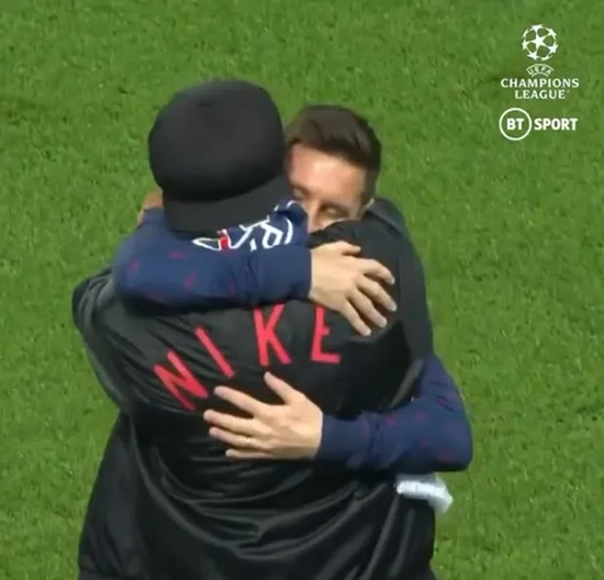 Heartwarming moment Lionel Messi reunites with Ronaldinho before PSG star sinks Leipzig with a dramatic double