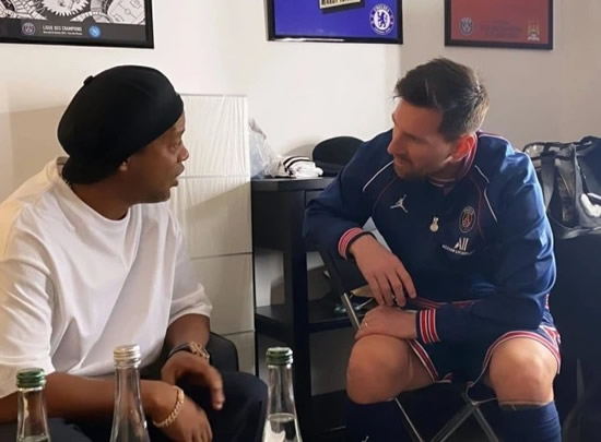 Lionel Messi meets up with close pal Ronaldinho in Paris as PSG ace embraces ex-Barcelona team-mate while joking around