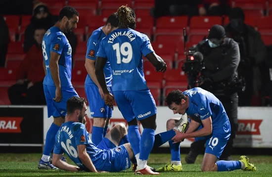 Watch Chesterfield mock Man Utd legend Paul Scholes with 'toenail chewing' celebration after FA Cup win at Salford