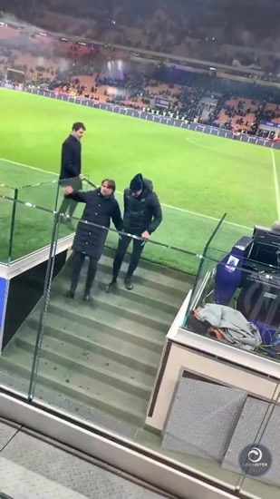 Inter Milan manager Inzaghi slips down icy stairs after win over Cagliari with quick-thinking pal on hand to catch him