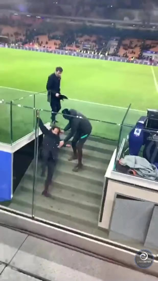 Inter Milan manager Inzaghi slips down icy stairs after win over Cagliari with quick-thinking pal on hand to catch him