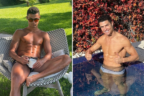 Cristiano Ronaldo poses in tiny swim shorts as he relaxes in pool at home after missing Man Utd draw with Aston Villa