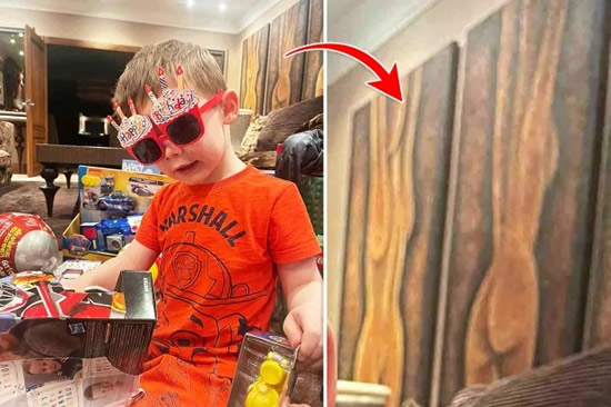 WAYNE RUDEY Wayne Rooney shares pic of son’s birthday but accidently reveals VERY raunchy artwork in £20m mansion