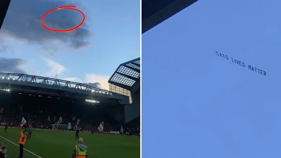 A Plane Carrying The Message 'Cats Lives Matter' Spotted Flying Over Anfield During West Ham Game